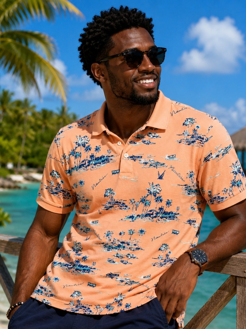 Nautica Blue Sail Tropical Island Boat Print Polo Shirt Men's Large Peach